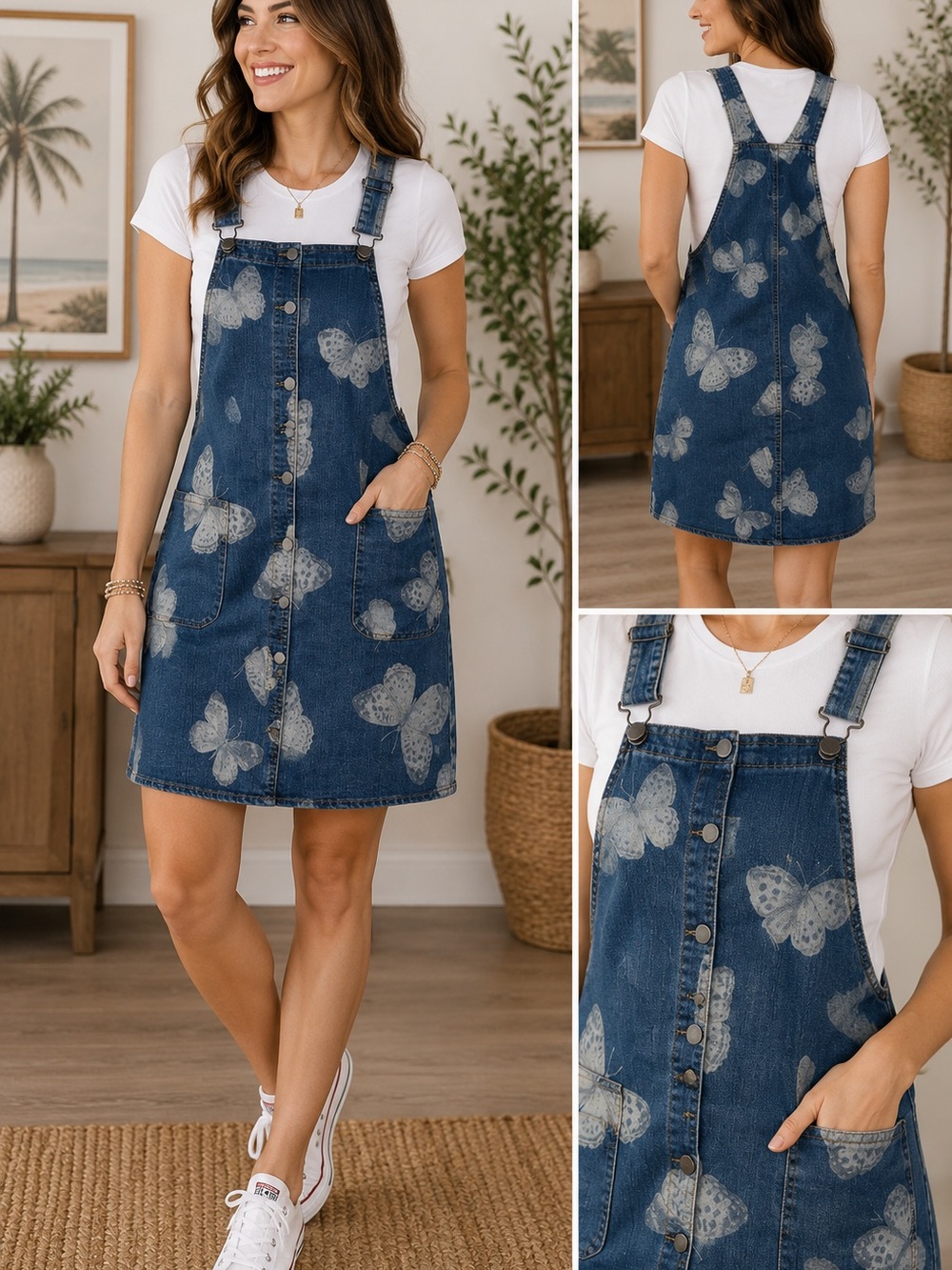 Tinseltown Blue Denim Butterfly Pinafore Dress with Faded Print